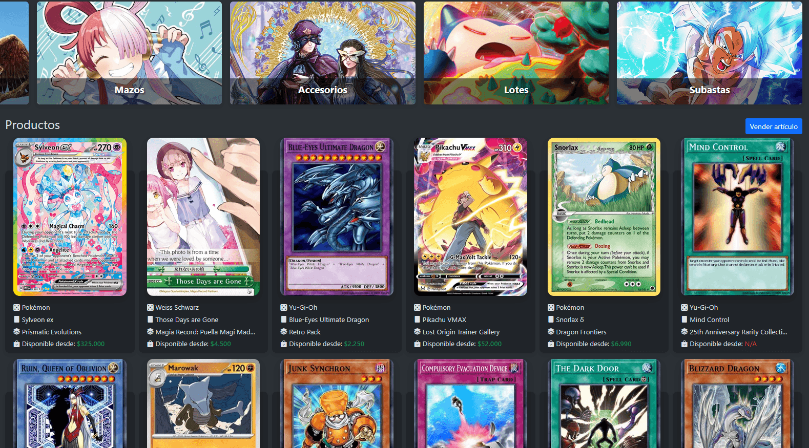 Screenshot of TCG Marketplace showing product listings